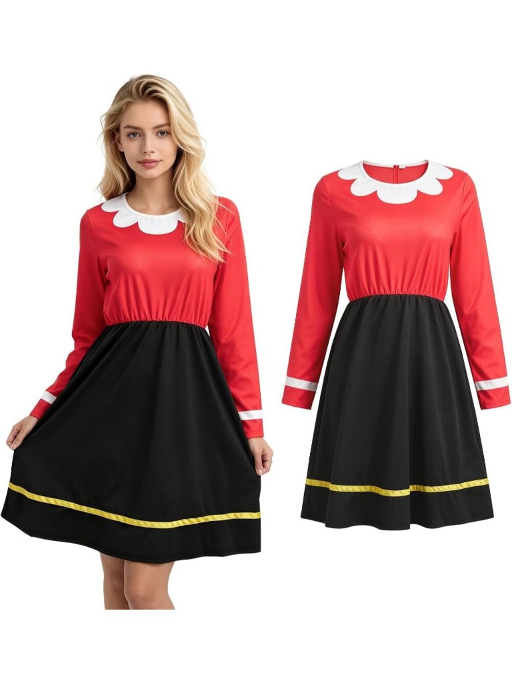 Women's Red Crewneck Long Sleeve Dress Elasticated Waistband Halloween Costume